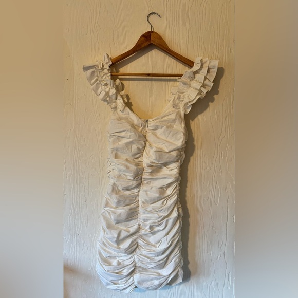 ZARA NWT White Draped Ruched Linen Ruffle Strap Contour Bodycon Tie Mini Dress - Picture 5 of 17